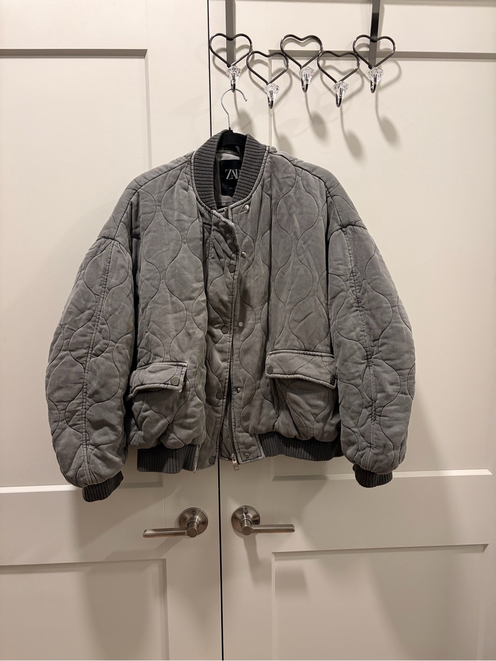 Zara Quilted Bomber Jacket in Light Gray